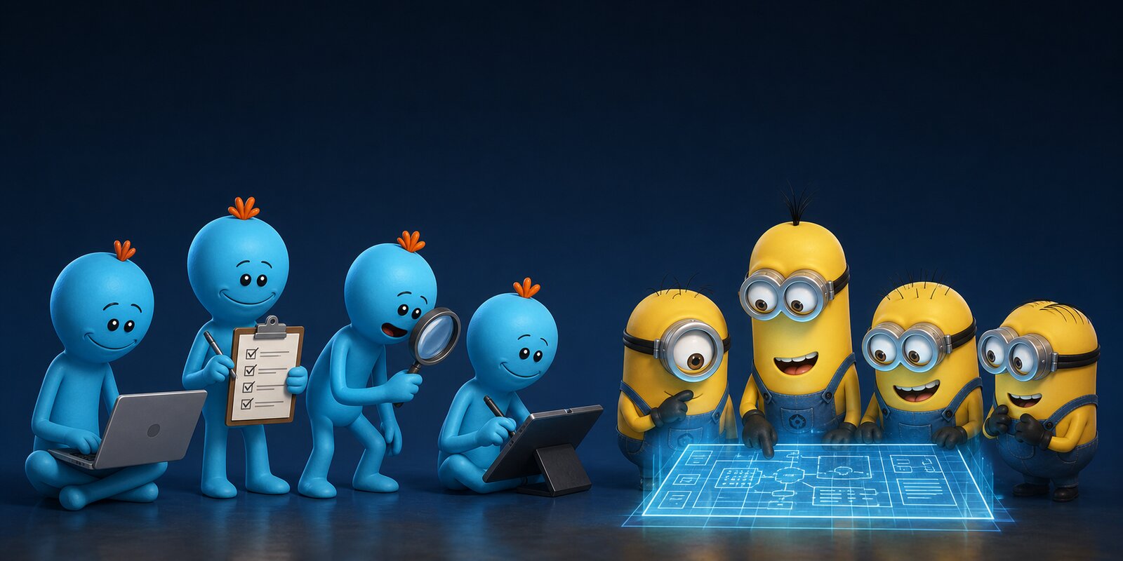 Meeseeks working on laptops and clipboards next to Minions gathered around a blueprint